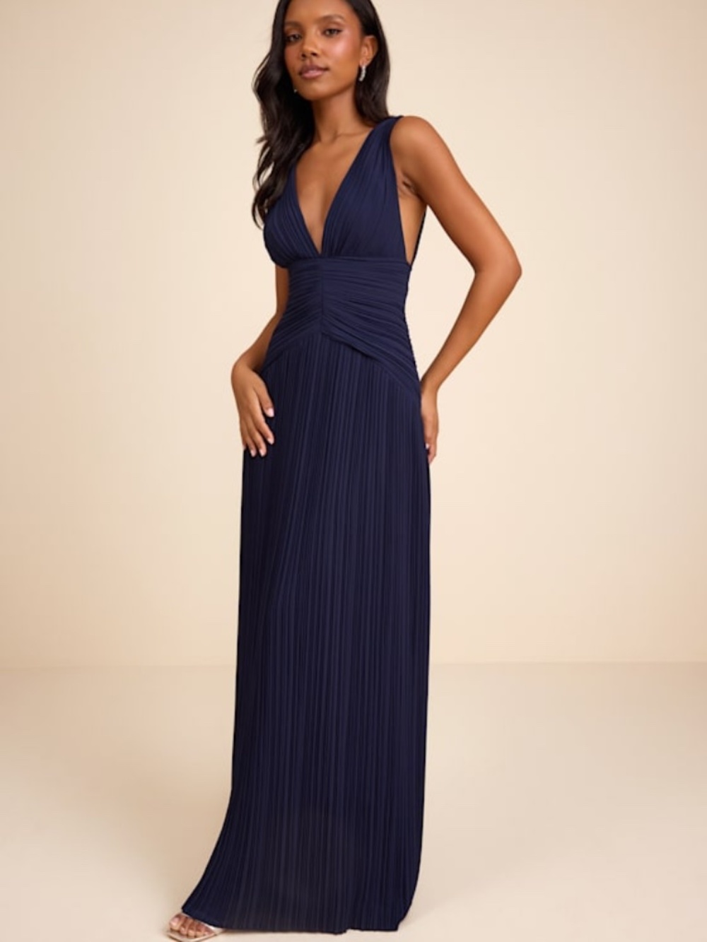 Lulus Kelina Navy Blue Pleated Drop Waist Maxi Dress - Size XS